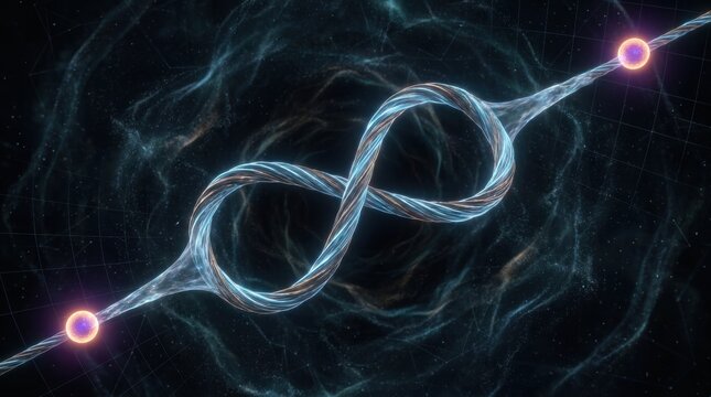 Infinite Loop of Energy: Abstract depiction of intertwined threads forming an infinity symbol, connected by glowing nodes, symbolizing connection and perpetual motion.