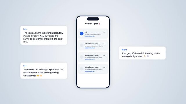 Concert squad chat room notification message layout on mobile application screen mockup with animated pop up text bubbles on light blue background