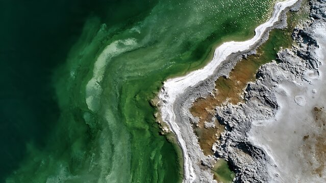 Aerial Perspective of Vibrant Algae Bloom and Mineral-Rich Shoreline Creating Abstract Natural Patterns Evoking Environmental Dynamics and Geological Formations in a Stunning Landscape.