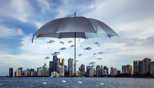 City under umbrella protection concept