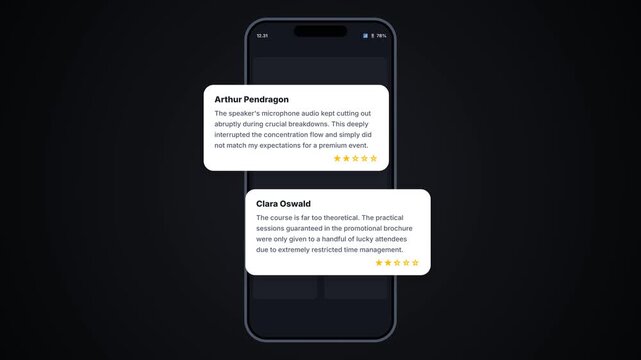 Smartphone screen mock up with customer reviews text messages layout animation on dark background for masterclass feedback UI UX template graphic loop 4K