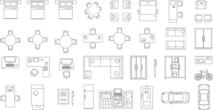 Furniture and interior design symbols set in top-down plan view for architectural floor planning and layout vector