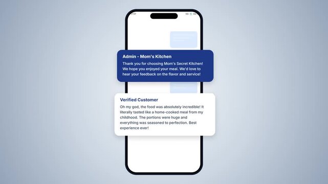 Mobile screen mock up with food restaurant client feedback text message bubble animation on light gray background for service evaluation display template 4K