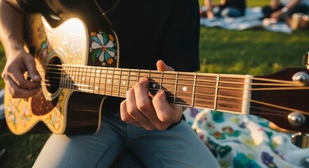 Obraz premium Close-up of a person playing an acoustic guitar outdoors during a sunny day.