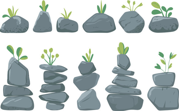 Zen stone balance collection with stacked rocks and green plants for meditation garden wellness designs