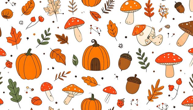 Whimsical, hand-drawn pattern of autumn elements pumpkins, mushrooms, acorns, and leaves on a white background