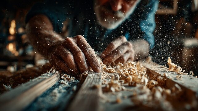 Close-up of a white man&rsquo;s hands using a planer on a white oak surface, showcasing craftsmanship, woodworking precision, cinematic lighting, hyper-detailed textures, UHD, and realistic color grading