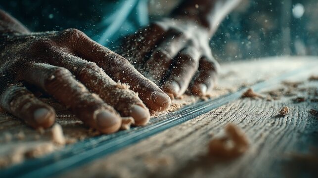 Close-up of a white man&rsquo;s hands using a planer on a white oak surface, showcasing craftsmanship, woodworking precision, cinematic lighting, hyper-detailed textures, UHD, and realistic color grading