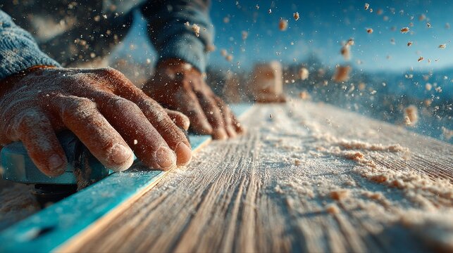 Close-up of a white man&rsquo;s hands using a planer on a white oak surface, showcasing craftsmanship, woodworking precision, cinematic lighting, hyper-detailed textures, UHD, and realistic color grading