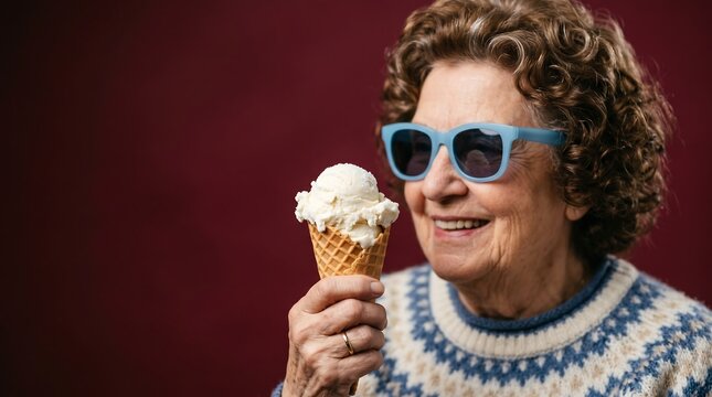 Smiling senior woman wearing blue sunglasses holding ice cream cone