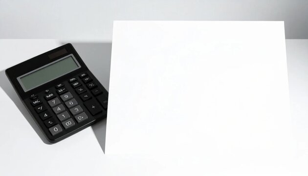 Black calculator beside a blank white paper sheet for financial planning, tax preparation, budget analysis, accounting reports, math calculations