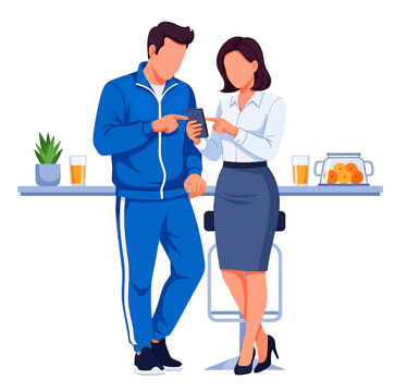 Flat illustration of a copule or man in a blue tracksuit and a woman in professional office clothing looking at a mobile phone screen in a minimalist kitchen.