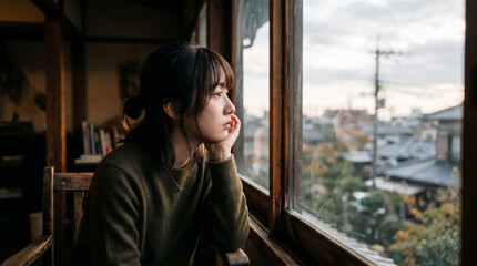 Fototapeta premium Thoughtful young Asian woman looking out of a window in a traditional Japanese room