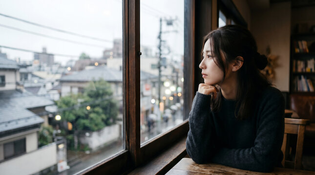 Young Asian woman sitting by a rainy window in a cafe and looking out with a sad expression