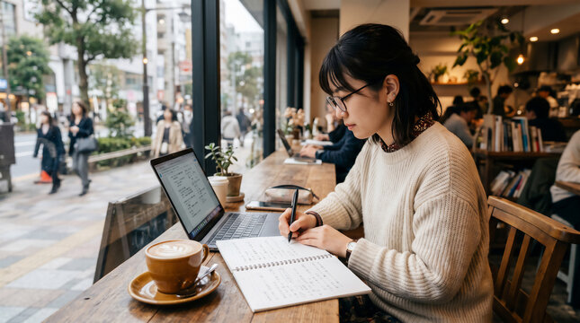 Young Asian woman with glasses writing notes in a notebook with a laptop at a window cafe