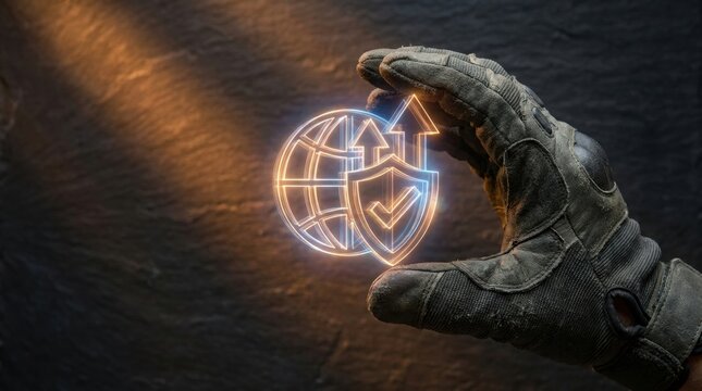 Digital World Security: A gloved hand holds a glowing digital icon representing global security, with a shield and checkmark symbol, signifying protection and trustworthiness in the digital realm.