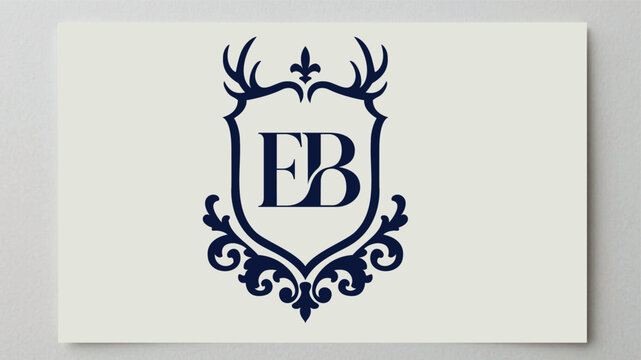 Elegant eb monogram logo featuring deer antlers and decorative heraldic shield design monogram heraldry initials ornamental corporate branding identity sophisticated stationary heraldic