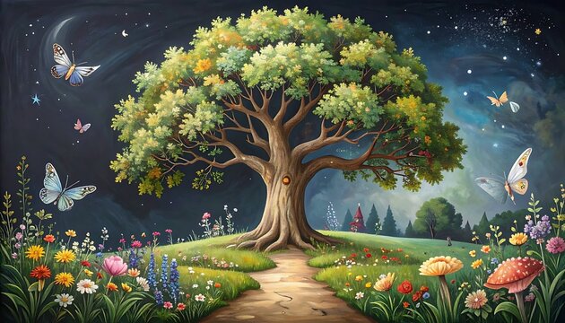 Whimsical painting of large tree on grassy hill with colorful flowers and butterflies under a starry night sky