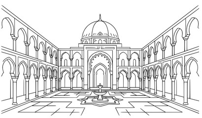 Islamic courtyard architectural outline vector with dome arches cultural illustration © Md