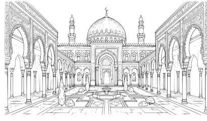 Minimal Islamic architecture line art vector courtyard with dome and arches © Md