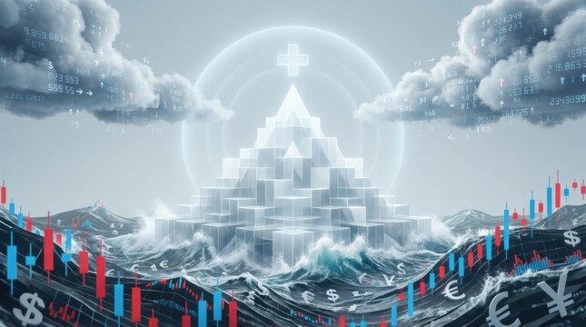 The Ascent of Global Finance: A surreal landscape depicting a luminous, stepped pyramid rising from turbulent financial seas, surrounded by trading charts and currency symbols.