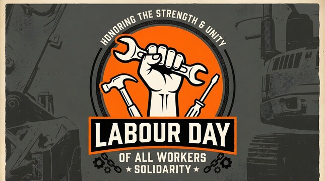Labor day illustration honoring workers' strength and unity with tools