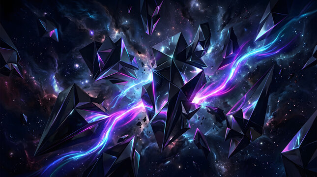 Conceptual art of abstract geometric shapes and neon light structures floating in a deep cosmic void, surrealism, vibrant and contrasting colors.