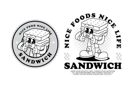 Cute deli sandwich retro cartoon character mascot illustration with standing and thumb up pose for cafeteria, eatery, restaurant and snack shop merchandise