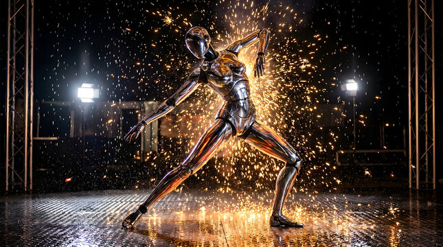 Futuristic robot dancer performing on stage with sparks and lights at night.