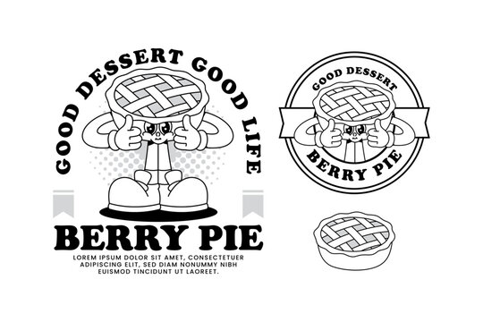 Berry pie dessert retro cartoon character mascot illustration with standing and thumb up pose for cafeteria, bakery, restaurant, pastry and bakehouse merchandise