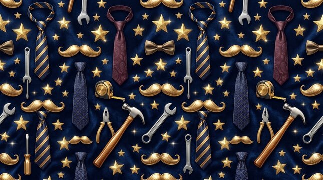 Seamless pattern with neckties mustaches and tools for father day celebration on a dark blue background