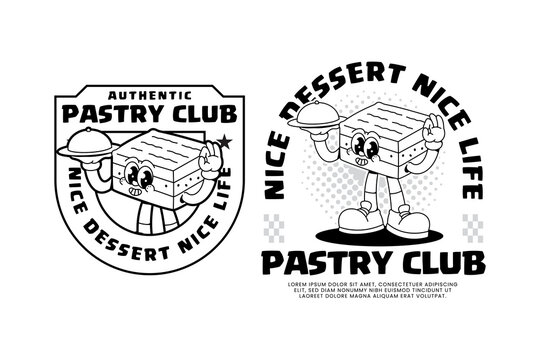 Cute bakery pastry slice retro cartoon character mascot illustration with standing, holding tray and ok hand pose for pastry, bakehouse, cafes merchandise