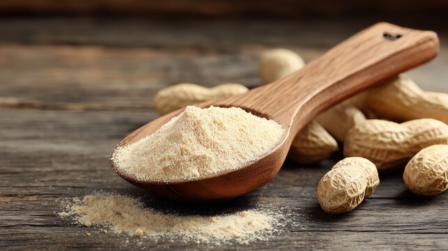 Dehydrated peanut powder in tablespoon with peanuts on rustic wood table, healthy protein ingredient, natural nut food product for cooking, baking, nutrition and plant based recipes