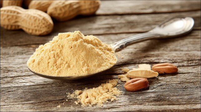 Dehydrated peanut powder in tablespoon with peanuts on rustic wood table, healthy protein ingredient, natural nut food product for cooking, baking, nutrition and plant based recipes