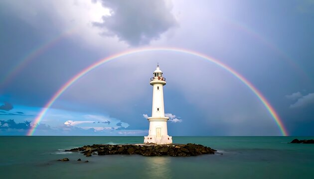 White lighthouse on a rocky outcrop beneath a vibrant double rainbow against a cloudy sky over a tranquil sea