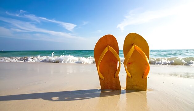 A serene beach scene with yellow flip-flops on the shore