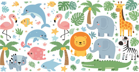 Fototapeta premium Cute safari and ocean animals seamless pattern with lion, elephant, giraffe, dolphin, flamingo, crocodile, and tropical leaves in cartoon vector style for kids design
