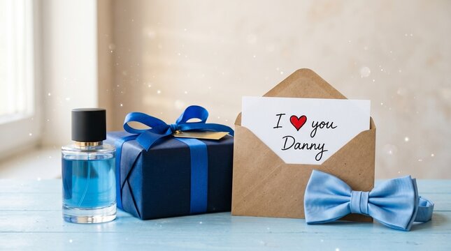 Gift box with blue ribbon next to a perfume bottle and a love letter for danny with a red heart and a blue bow tie