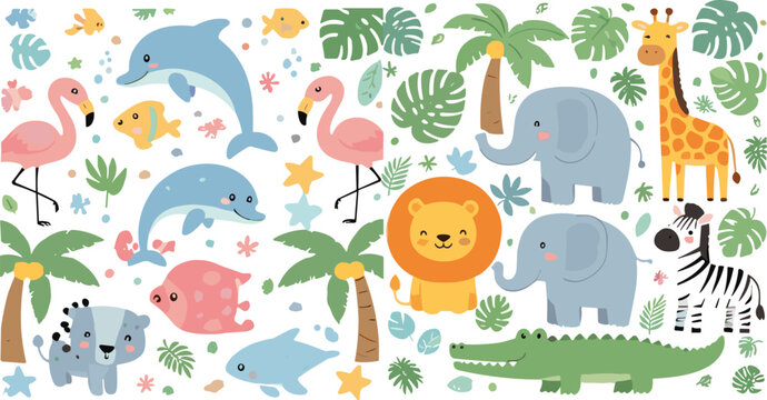 Cute safari and ocean animals seamless pattern with lion, elephant, giraffe, dolphin, flamingo, crocodile, and tropical leaves in cartoon vector style for kids design