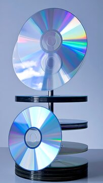A stack of shiny CDs on a rotating stand