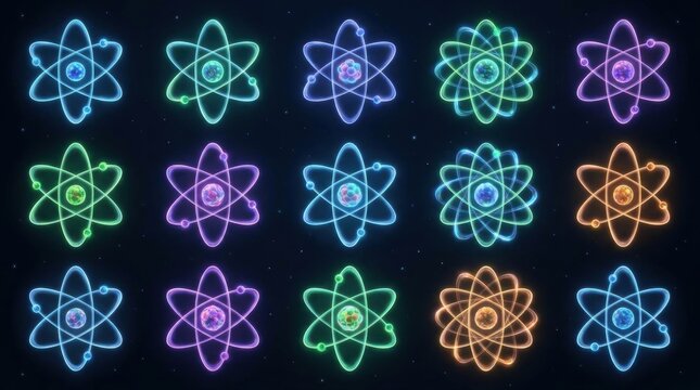 Atomic Orbitals in Neon Glow: A captivating visual representation of atomic orbital structures, each glowing with a vibrant neon aura in shades of blue, purple, green, and orange, set against a dark.