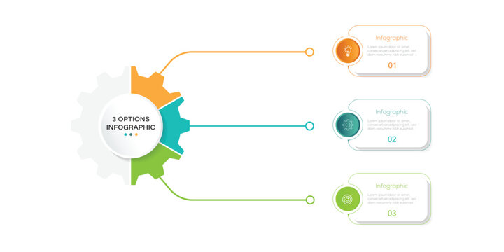 3 Step Gear Puzzle Business Infographic Template, Circular Process Flow Diagram. A three-step process flow diagram with a gear icon. Infographic template with three steps setup, execution, and finish