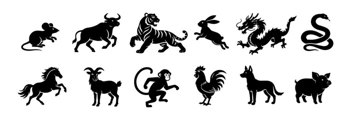Fototapeta premium Black silhouettes of chinese zodiac animals including mouse, ox, tiger, rabbit, dragon, snake, horse, goat, monkey, rooster, dog, and pig.