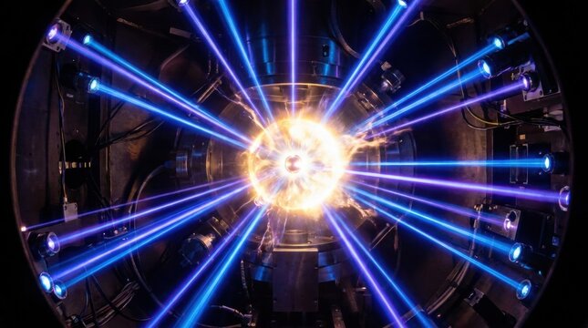Fusion Reactor Energy Burst: Intense blue and purple beams converge on a glowing central core within a complex reactor, signifying controlled fusion energy generation.
