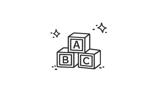 Minimalist alphabet blocks vector icon, stacked ABC baby toy cubes in line art style, educational nursery building blocks illustration