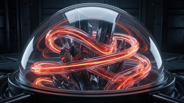 Futuristic Fusion Core: An intricate and glowing fusion core, encased in a transparent dome, pulses with vibrant energy, hinting at advanced technology and scientific innovation.