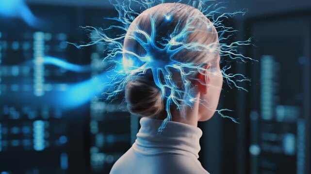 Close up of human head with glowing neural network and electric impulses illustrating brain activity, artificial intelligence, neuroscience research and digital cognition in futuristic environment