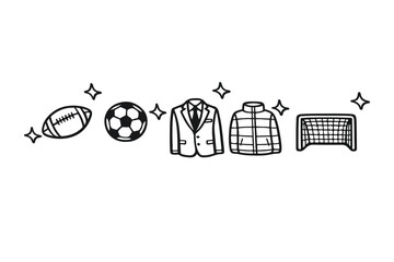 Naklejka premium Minimalist sports and fashion icon set, black line art soccer and football elements, business suit and puffer jacket vector illustrations