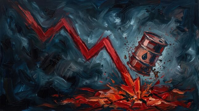 Oil Price Crash: An artistic representation of a sharp decline in oil prices, depicted by a red arrow crashing down on an oil barrel, symbolizing economic volatility and market downturn.