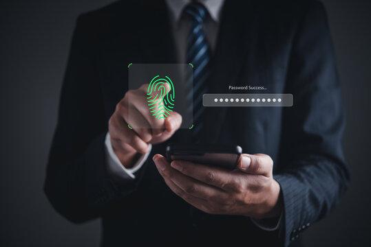 Professional executive holding mobile phone verifying identity via biometric fingerprint access authorization workflow presentation digital background
